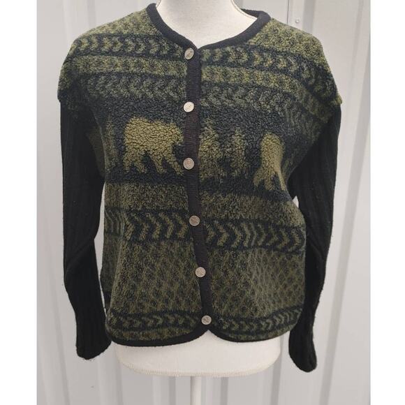 Vintage Tally-Ho Sweater Cardigan Alpine Bears Petite Large Black Green - Picture 1 of 5